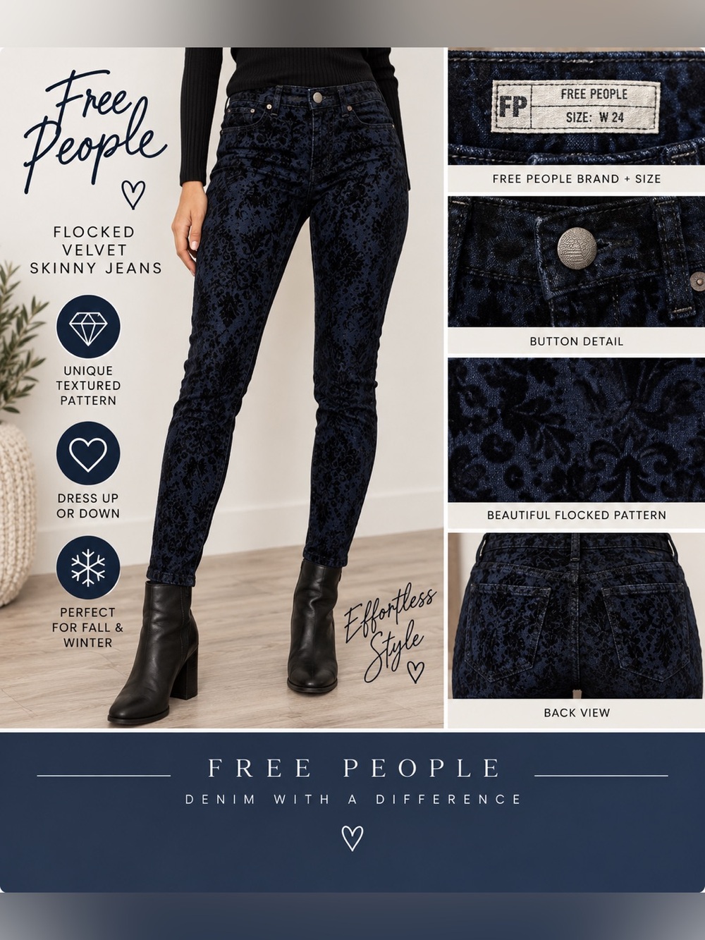 Free People Flocked Velvet Pattern Skinny Jeans 24